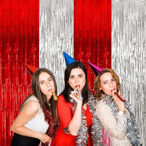 4P Metallic Foil Fringe Tinsel Table Skirts for Rectangle Tables Backdrop Banner Streamer Garland Curtains for Parade Floats Wedding Graduation Anniversary Birthday Parties Decoration(Red Silver) in Saudi Arabia