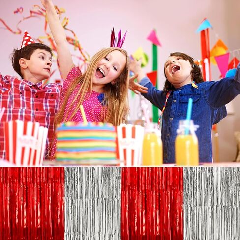 4P Metallic Foil Fringe Tinsel Table Skirts for Rectangle Tables Backdrop Banner Streamer Garland Curtains for Parade Floats Wedding Graduation Anniversary Birthday Parties Decoration(Red Silver) in Saudi Arabia