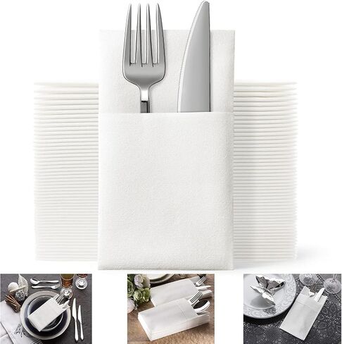 Disposable Dinner Napkins Cloth Like with Built-in Flatware Pocket,Wedding Party Linen Feel White Napkin, Prefolded for Silverware,Pack of 50 in Saudi Arabia