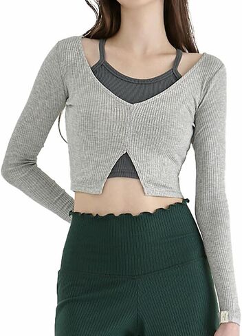 Deviwear Pilates Julia Ribbed Long Sleeve Active T-Shirt Layering Crop Top Yoga gymwear DEVI-T0092 in Saudi Arabia