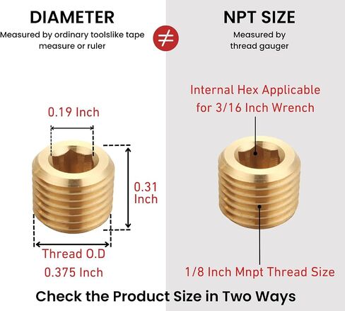Brass Hex Counter Sunk Plug 1/8 Inch NPT Male Pipe Fitting Set Internal Hex Socket Thread Pipe Plug for Closing the End of Pipe (Pack of 10) in Kuwait