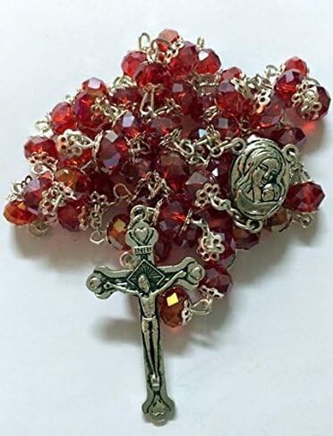 Glass Crystal Beads Rosary with Holy Soil Silver Crucifix (Pink, Red, Green, Purple, Light Blue, Dark Blue, Black, Clear, Blue) (Red) in Saudi Arabia