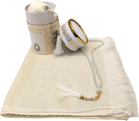 Muslim Prayer Rug and Prayer Beads with Elegant Design Cylinder Gift Box, Janamaz, Sajadah, Soft Islamic Gifts Set, Carpet Mat, Taffeta Fabric (Black) in Saudi Arabia