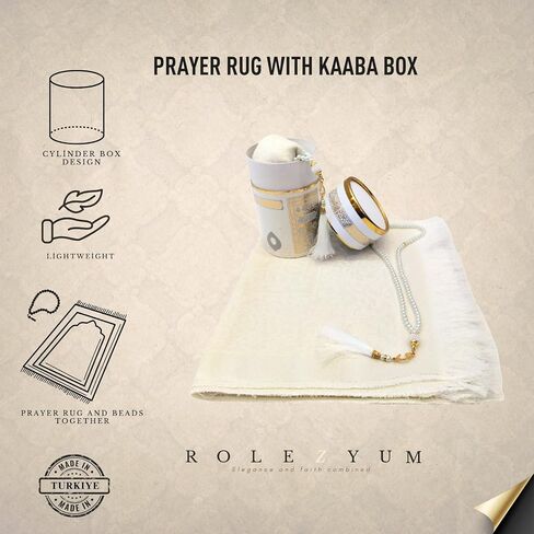Muslim Prayer Rug and Prayer Beads with Elegant Design Cylinder Gift Box, Janamaz, Sajadah, Soft Islamic Gifts Set, Carpet Mat, Taffeta Fabric (Black) in Saudi Arabia
