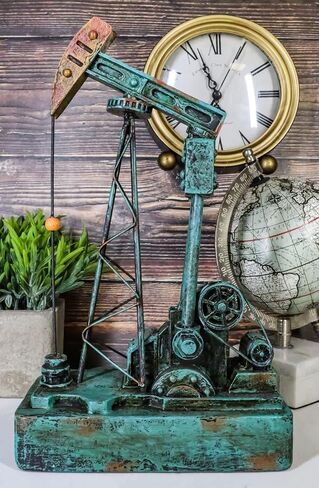 Ebros Gift Rustic Vintage Green Nodding Donkey Pumpjack Oil Derrick Rig Prototype Sculpture Wild West Pumpjack On Platform Model Home Decor Western Antiqued Figurine in Saudi Arabia