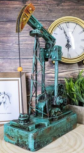 Ebros Gift Rustic Vintage Green Nodding Donkey Pumpjack Oil Derrick Rig Prototype Sculpture Wild West Pumpjack On Platform Model Home Decor Western Antiqued Figurine in Saudi Arabia