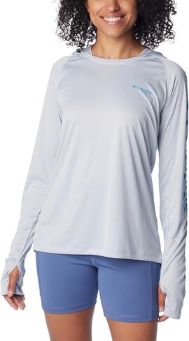 تيشيرت Tidal للسيدات من Columbia، بغطاء للرأس، شعار Cirrus Grey/Ocean Blue، 2X in Saudi Arabia
