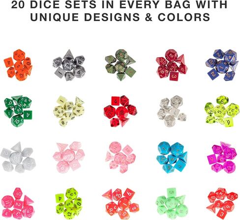 Wiz Dice Mini DND Dice Set - 140 Pieces Total (20 Sets of 7 Dice in Unique Colors) & Storage D&D Bag-Polyhedral Role Playing Dice - Perfect DND Accessories for TTRPG Dice - Hafling's Haversack in Kuwait