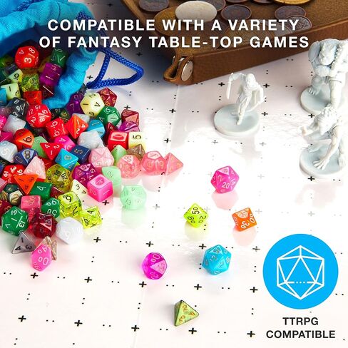 Wiz Dice Mini DND Dice Set - 140 Pieces Total (20 Sets of 7 Dice in Unique Colors) & Storage D&D Bag-Polyhedral Role Playing Dice - Perfect DND Accessories for TTRPG Dice - Hafling's Haversack in Kuwait