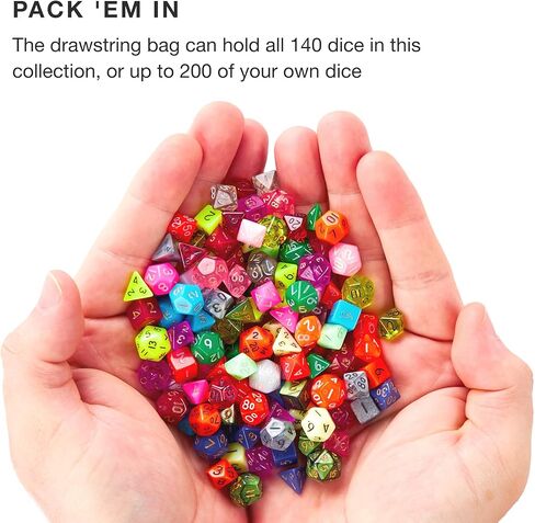 Wiz Dice Mini DND Dice Set - 140 Pieces Total (20 Sets of 7 Dice in Unique Colors) & Storage D&D Bag-Polyhedral Role Playing Dice - Perfect DND Accessories for TTRPG Dice - Hafling's Haversack in Kuwait