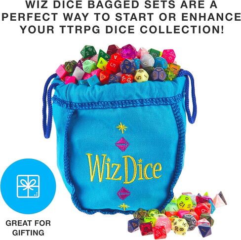 Wiz Dice Mini DND Dice Set - 140 Pieces Total (20 Sets of 7 Dice in Unique Colors) & Storage D&D Bag-Polyhedral Role Playing Dice - Perfect DND Accessories for TTRPG Dice - Hafling's Haversack in Kuwait