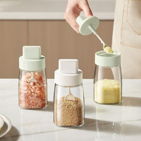 Kitchen Sodium Calcium Glass Spice Jars Seasonning Box Set of 1, Condiment Pots Spice Jars, Retractable Spoon and Lid Combination Design, Airtight Cap 9.7oz White in Saudi Arabia