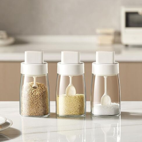 Kitchen Sodium Calcium Glass Spice Jars Seasonning Box Set of 1, Condiment Pots Spice Jars, Retractable Spoon and Lid Combination Design, Airtight Cap 9.7oz White in Saudi Arabia