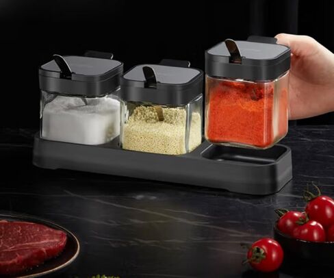 Kitchen Sodium Calcium Glass Spice Jars Seasonning Box Set of 1, Condiment Pots Spice Jars, Retractable Spoon and Lid Combination Design, Airtight Cap 9.7oz White in Saudi Arabia