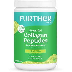 Further Food Grass Fed Matcha Collagen Peptides Supplement Powder - Organic Matcha & Cordyceps for All Day Energy, Mental Clarity & Immunity & Premium for Gut Health, Joints, Skin, Hair & Nails