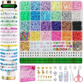LZOUOWO 6100 Polymer Clay Beads for Bracelets Making Aesthetic Kit 24 Colors Flat Heishi Beads for Jewelry Making DIY Set with Letter Beads, Smile Face Beads and Charms for Girls Gift