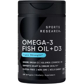 Sports Research Triple Strength Omega-3 from Wild Alaska Pollock with Vitamin D3 2500iu | 2-in-1 Vitamin D & Omega DHA Fish Oil Supplement Supporting Heart & Immune Health - 120 Softgels
