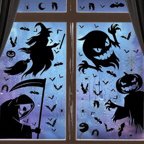 4 Sheets Halloween Window Clings, Halloween Window Stickers Scary Spooky Window Stickers Decals Silhouette for Indoor Room Kids Party Door Wall Halloween Window Decoration (Style 1)