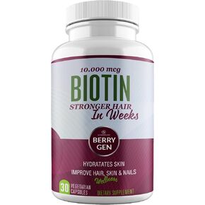 Berry Gen Biotin Supplement 10000 mcg Vegetarian Capsules - Support Hair Health & Growth, Help Heal Skin & Reduce Wrinkles and Moisturize Skin, Hair, and Nails - 30 Count (1)