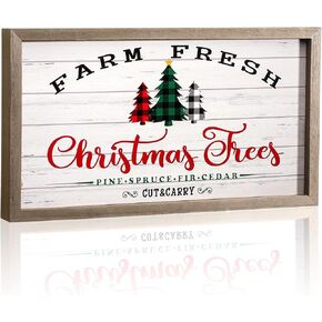 Christmas Signs Farm Fresh Christmas Trees Wood Sign Rustic Farmhouse Holiday Decor with Wooden Frame Buffalo Plaid Xmas Winter Hanging Wall Decor for Home Party Living Room Fireplaces Table Decor