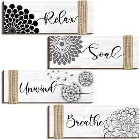 4 Pieces Farmhouse Bathroom Wall Decor Relax Soak Unwind Breathe Signs Rustic Bathroom Wall Art Floral Bathroom Signs Decor Vintage White Wooden Wall Art Decor for Home Spa Room Decor, 11 x 4 Inch