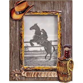 OKSQW 4 x 6 Rustic Wood Picture Frame with Cowboy Design, Solid Wooden Photo Frame with High Definition Glass, Cool Handicrafts Tabletop or Wall Mounting Great for Display for Farmhouse Home Decor.