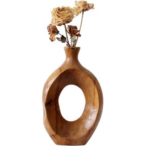 Wooden Vase for Dried Flowers, Handmade Teak Vase, Farmhouse Decorative Vase for Home Decor, Entryway, Console