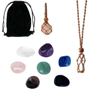 Healing Crystal Necklace Set, 7 Chakra Healing Crystals and Stones, with Boho Handmade Cord Cage, Real Chakra Crystal Healing Stones Set, for Healing, Yoga, Reiki, Meditation, Jewelry Gift