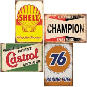 4 Pieces Reproduction Vintage Tin Signs, Gas Oil Car Metal Signs for Garage Man Cave Bar, Retro Wall Decor, 8x12 Inches (76)