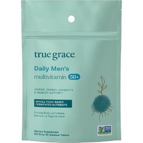 فيتامينات متعددة للرجال من True Grace Daily 50+ - 120 قرصًا سهل البلع - دعم المناعة والطاقة وطول العمر والذاكرة - خالي من الغلوتين والصويا ونباتي - 60 وجبة