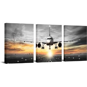 OuElegent Airplane Canvas Wall Art Decor Aircraft Flying over Runway Along With Sunset Prints Modern Gray and White Painting Pictures for Home Office Airport Framed Ready to Hang 12"x16"x3 Panels