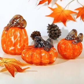 H&D HYALINE & DORA Set of 3 Blown Glass Pumpkin Figurines Crystal Glass Pumpkin Collectible Figurines for Fall Harvest Thanksgiving Halloween Decor（Orange）
