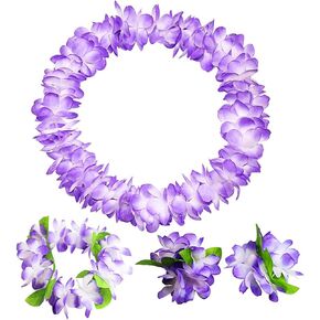 Hawaiian Leis set,Thickened Artificial Flower Luau Necklace Bracelet Headband Garland Lei Set for Tropical Beach Theme or Halloween Holiday Party Decoration Costume Supplies (purple)