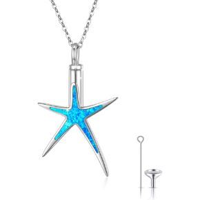 Starfish Cremation Urn Necklace for Women S925 Sterling Silver with Blue Opal Memory Keepsake Funeral Pendant Necklace with Funnel Filler Memorial Jewelry Gifts for Starfish Lover