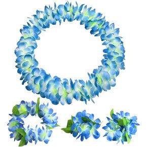 Hawaiian Leis set,Thickened Artificial Flower Luau Necklace Bracelet Headband Garland Lei Set for Tropical Beach Theme or Halloween Holiday Party Decoration Costume Supplies (purple)