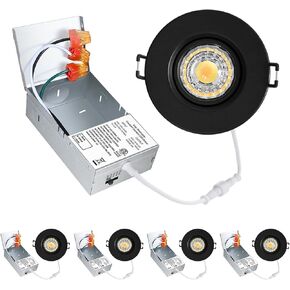 3-Inch Gimbal LED Recessed Light Canless Downlight Rotatable Spotlight with Junction Box, Eyeball Ceilling Potlight, Dimmable, 8W 5CCT Adjustable, Black Round Trim, 12 Pack