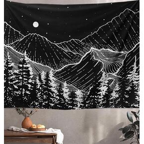 TUGCAY Black and White Mountain Tapestry Black Tapestry Starry Night Nature Forest Moon and Stars Wall Hanging Tapestries for Living Room Bedroom Dorm Decoration(90'' × 70'')
