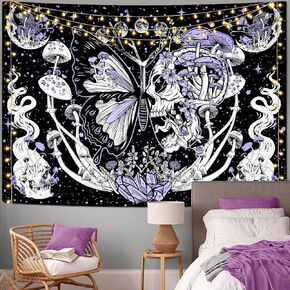 Lyacmy Skull Tapestry Hippie Mushroom Tapestries Aesthetic Moth Tapestry Moon and Stars Tapestry Snake Tapestry Wall Hanging for Room(Purple, 51.2 x 59.1 inches)