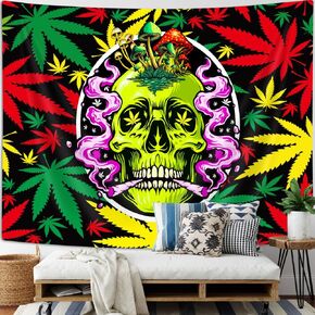 Blacklight Trippy Weed Marijuana Tapestry UV Reactive Smoking Skull Marijuana Leaves Black Light Wall Tapestry Neon Psychedelic Tie Dye Stoner Poster Tapestry Glow in the Dark Party Decor 60X40IN