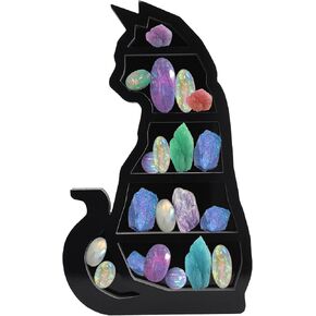 Wooden Crystal Display Shelf, Wall Mounted Hanging Floating Shelves, Cat on The Moon Crystal Wood Shelf, Rustic Home Wall Decor, Black Crescents Moon Phase Shelf for Stones Essential Oil Display(Cat)