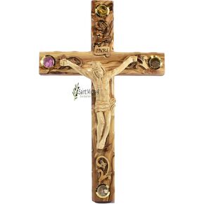 Large Wall Hanging Cross Catholic Crucifix 14 inch Made of Premium Olive Wood in The Holy Land - 4 Glasses Adorned with Incense, Flowers, Stones and Olive Leaf