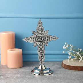 Ardour 9 Inch Free Standing Table Cross.Tabletop Crosses for Home Décor.Metal Decorative Stand Cross - Antique Silver - FAITH