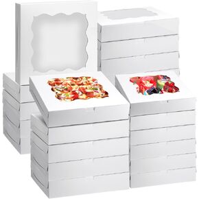 50 Pcs Pie Boxes with Window White Bakery Pizza Boxes Strawberry Treat Boxes for Cookie Cupcakes Muffins Donuts and Pastries, 9 x 9 x 2.5 Inch, 12 x 12 x 2.5 Inch