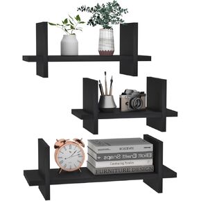 CRUGLA Black Floating Shelves Wall Mounted Set of 3, Hanging Storage Floating Book Shelf for Kitchen, Bedroom, Living Room, Study Room, Bathroom