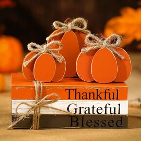 4 Pieces Fall Pumpkins Tiered Tray Decor Wooden Pumpkin Decor Farmhouse Autumn Table Shelf Decorations Thanksgiving Table Centerpiece Holiday Decorative Book Sign Decor Rustic Fall Decor for Home