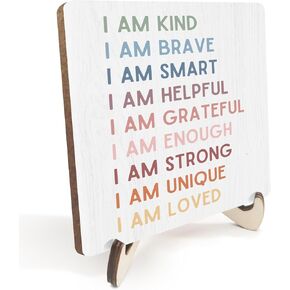 Decorative Desk Decor Motivational I Am Kind Affirmations Positive Plaque with Wooden Stand Inspirational Wood Sign for Nursery Playroom Homeschool Classroom Reading Corner Table Shelf