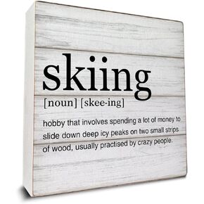 Skier Gift Skiing Definition Wooden Box Sign Ski Quotes Desk Decorative Wooden Sign Home Decor for Desk Table Shelf 5 x 5 Inches