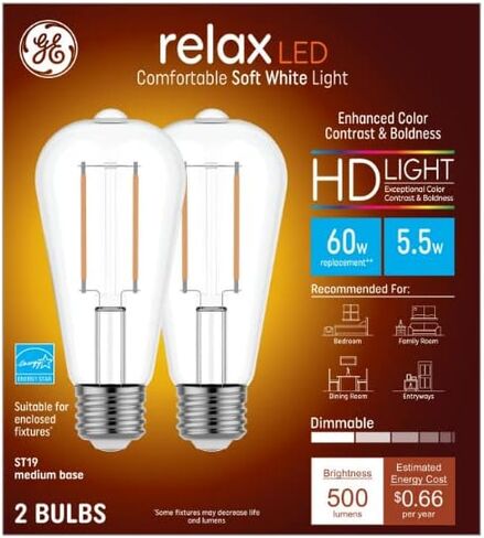 (عبوة من قطعتين) لمبة إضاءة GE Relax LED Vintage بقدرة 60 وات مكافئة ST19 بيضاء ناعمة وقابلة للتعتيم in Saudi Arabia