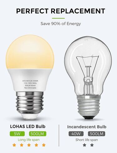 lohas a15 لمبة LED لمبة ضوء الثلاجة، 40 واط لمبة الأجهزة المكافئة، 5 واط أدى 120 فولت أضواء الثلاجة، e26 ضوء مروحة السقف قاعدة متوسطة، مقاوم للماء للمطبخ الحمام المنزل الفريزر، غير خافت، 4 حزمة in Kuwait