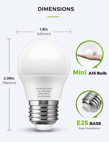 lohas a15 لمبة LED لمبة ضوء الثلاجة، 40 واط لمبة الأجهزة المكافئة، 5 واط أدى 120 فولت أضواء الثلاجة، e26 ضوء مروحة السقف قاعدة متوسطة، مقاوم للماء للمطبخ الحمام المنزل الفريزر، غير خافت، 4 حزمة in Kuwait